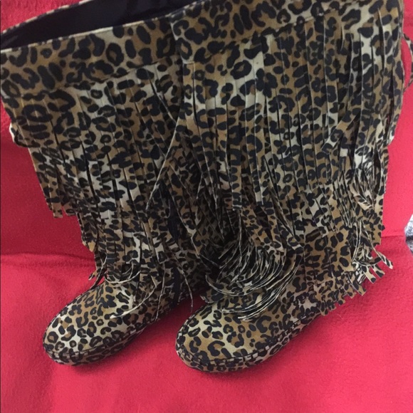 5.5 available. Leopard print fringe tall boots. - Picture 2 of 9